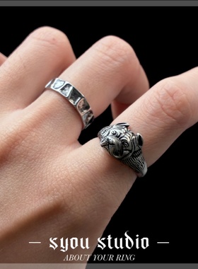 复古狗狗拉砂钛钢不掉色戒指