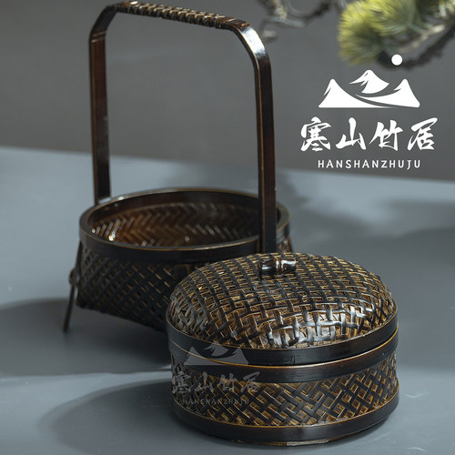 邱峰竹编邱师傅竹木TH004纯手工编织大漆四脚双层小提盒复古提篮 - 图0