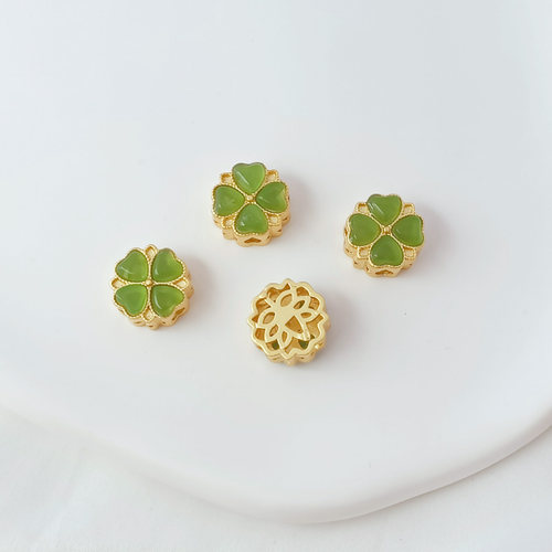 18K包金古法金保色镶玉粘贝四叶草葫芦五叶花直孔手工DIY散珠配件 - 图1
