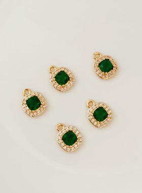 保色配件14K包金镶嵌锆石祖母绿方形吊坠手链项链手工DIY配饰挂件