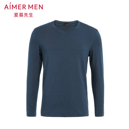 爱慕先生保暖内衣男士秋衣含羊毛磨毛里单层V领打底上衣NS72C941 - 图0