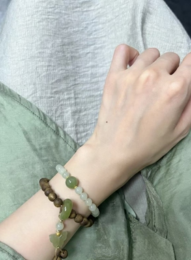 新款 天然和田玉沉香双圈手串沉香与晴水和田玉小众设计显白