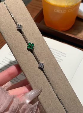 天然危料阳绿翡翠蓝水翡翠S925纯银四叶草手链精致小清新设计