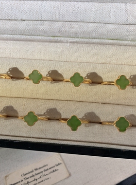 天然和田玉碧玉四叶草戒指 925银镶嵌清新设计