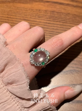 天然水沫玉戒指女轻奢高级感S925纯银新中式国风白冰蛋面玻璃种