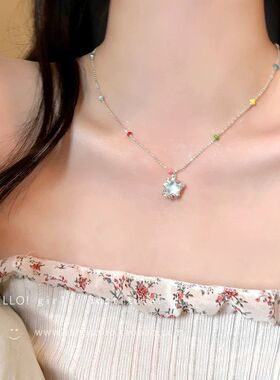 蓝色星星吊坠米珠串珠钛钢项链女小众设计颈链海边度假风锁骨链