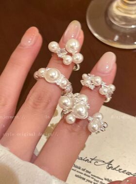 韩系珍珠锆石开口戒指女2026新款轻奢高级感小众食指戒巴洛克手饰
