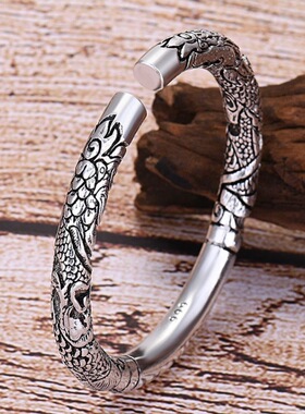 双龙抱柱霸气浮雕龙纹开口手镯复古风做旧合金电镀银色手镯男女同