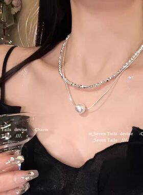 甜酷辣妹高级设计感夏季双层珍珠项链女2024新款爆款碎银子锁骨链