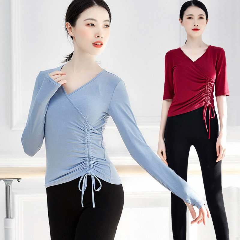 舞蹈练功服装女现代古典爵士瑜伽形体修身上衣套指抽绳长袖教师秋