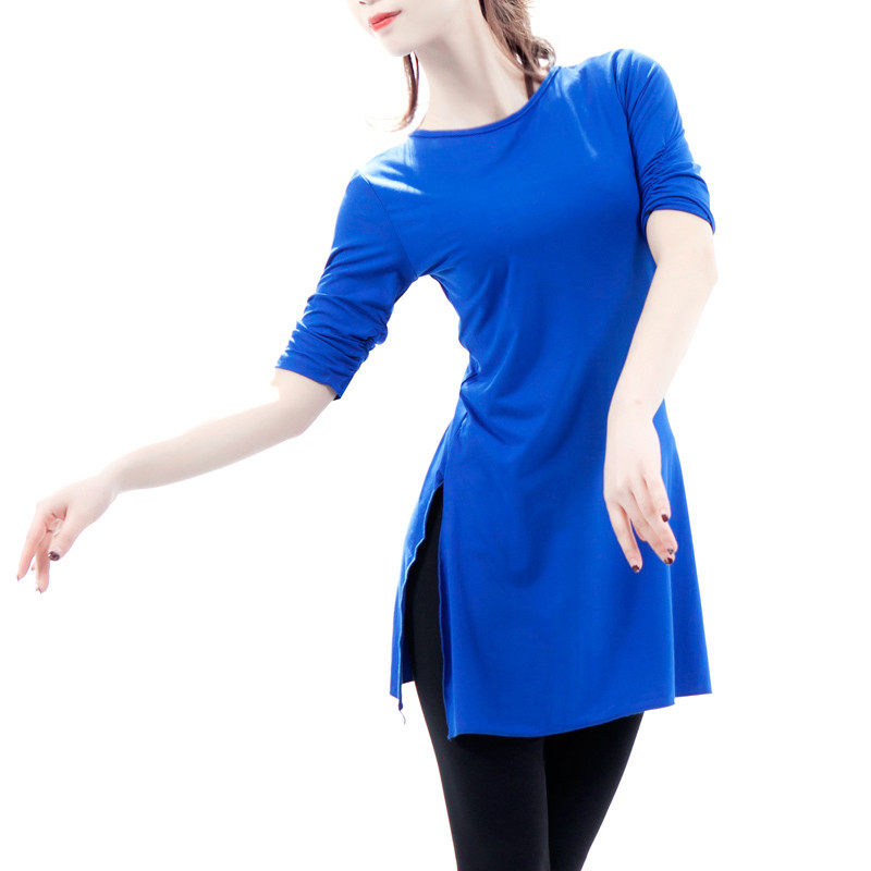 现代舞练功服装女古典民族舞蹈上衣开叉中长款瑜伽短袖艺考基训服