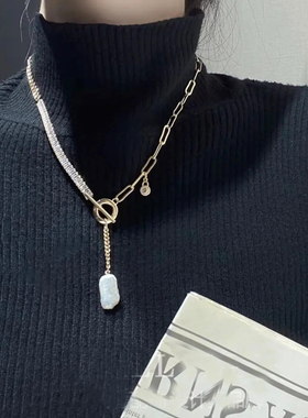 珍珠母贝锆石拼接款女毛衣链项链