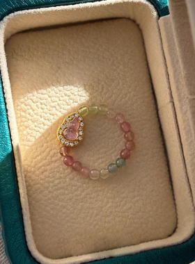 天然碧玺彩虹葫芦戒指女轻奢高级感小众设计食指水晶串珠闺蜜指环