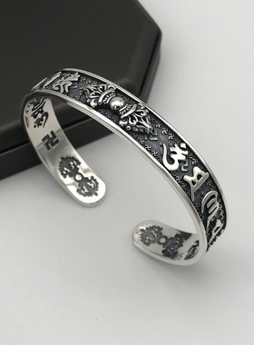 纯银手镯复古六字箴言金刚杵潮饰
