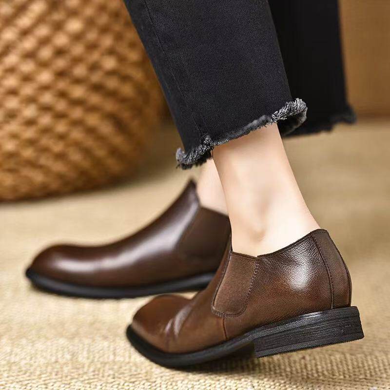 真皮断码清仓2.5厘米棕色头层羊皮松紧口圆头平底深口单鞋女,淘宝优惠券,粉丝福利购,淘宝优惠卷