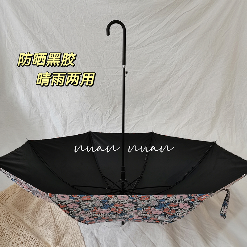 长柄伞高颜值日系复古小众黑胶防晒晴雨两用抗风结实高级雨伞ins - 图1