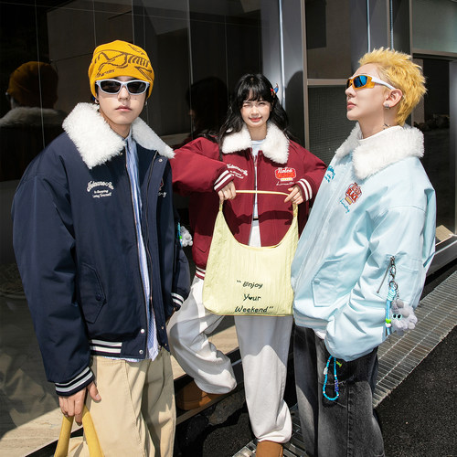 NOTEARS 美式复古刺绣情侣飞行夹克棉衣冬季加厚棉服外套男女同款 - 图0