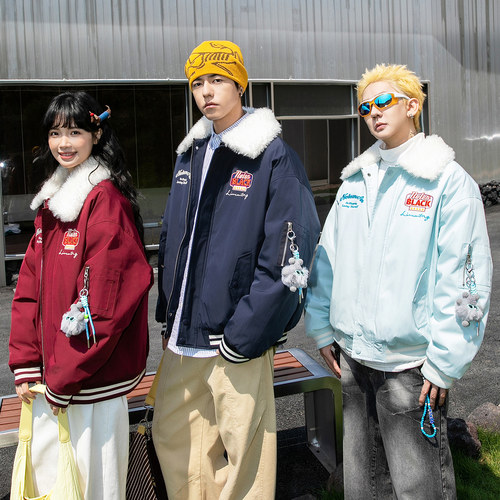 NOTEARS 美式复古刺绣情侣毛领夹克棉衣冬季加厚棉服外套男女同款 - 图1