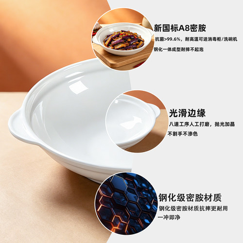 密胺双耳盘餐厅酒店饭店商用餐饮专用仿瓷深盘子圆菜盘餐具鲍鱼盘 - 图0