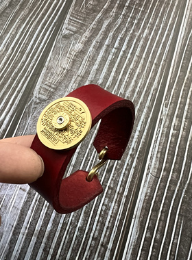 原创纯铜山鬼花钱国风复古真皮手环女男同款本命年手镯