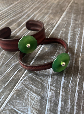 原创设计国风复古真皮玉手环女男本命年平安扣手镯玉牌手链