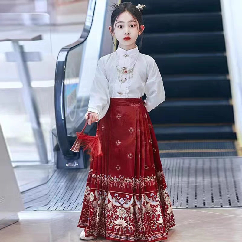 2024女童马面裙中国风古装明制改良汉服儿童国学唐装女孩秋季套装-图0