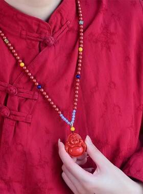 原创设计纯手工制作朱砂大肚佛挂件弥勒佛项链吊坠红砂佛公吊坠