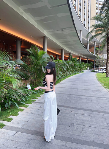 Eva君君酱设计感休闲甜酷喇梵文字母织带弯刀酷女百搭街头工装裤 - 图0