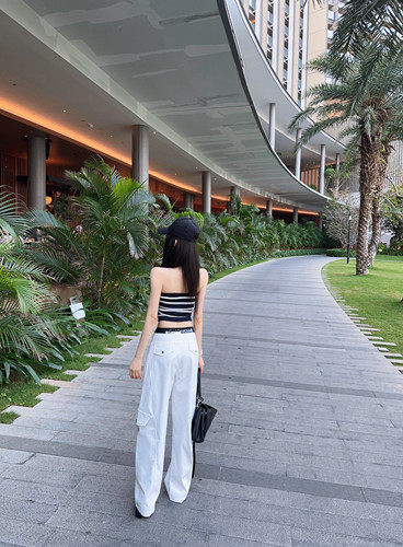 Eva君君酱设计感休闲甜酷喇梵文字母织带弯刀酷女百搭街头工装裤 - 图2