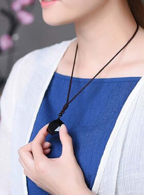 黑曜石六芒星吊坠项链毛衣链男女情侣款创意水晶能量石项链
