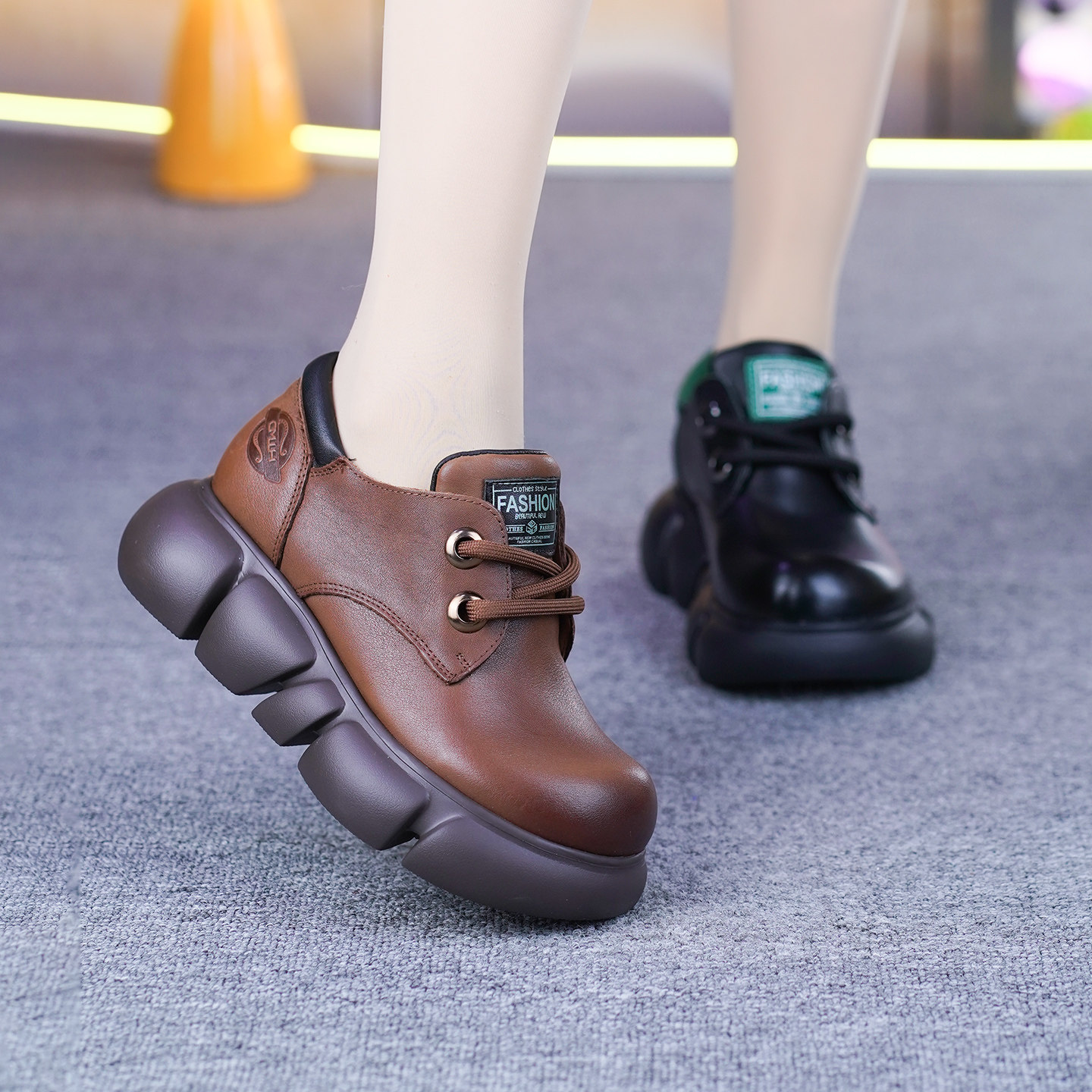 纯牛皮单鞋女春季新款圆头松糕厚底拼色平底真皮系带深口乐福单鞋,淘宝优惠券,粉丝福利购,淘宝优惠卷