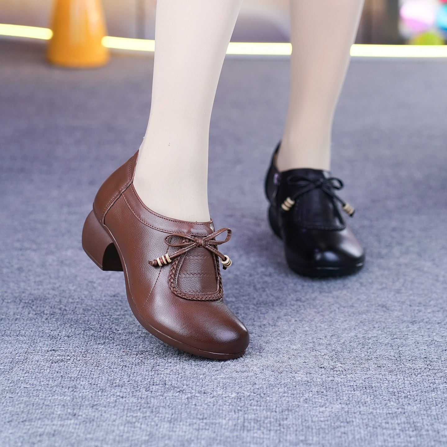 真皮单鞋女春季新款纯牛皮圆头粗跟软底软面中跟小皮鞋深口单鞋,淘宝优惠券,粉丝福利购,淘宝优惠卷