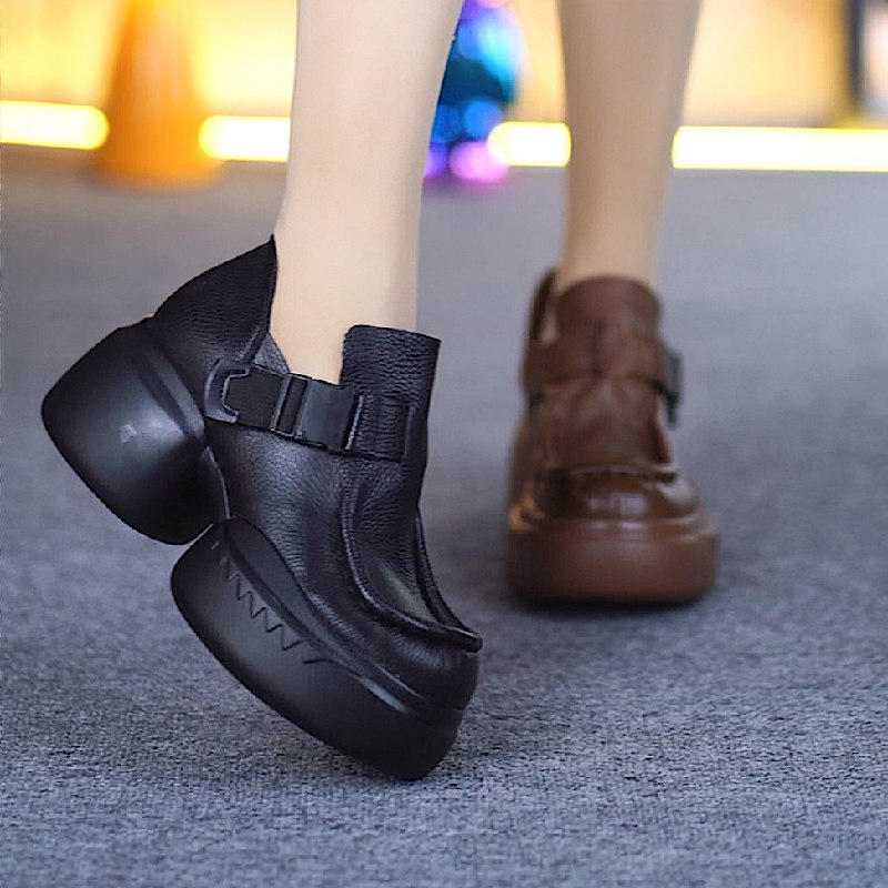 真皮松糕厚底单鞋春季新款纯牛皮一体跟小个子增高圆头深口小皮鞋,淘宝优惠券,粉丝福利购,淘宝优惠卷