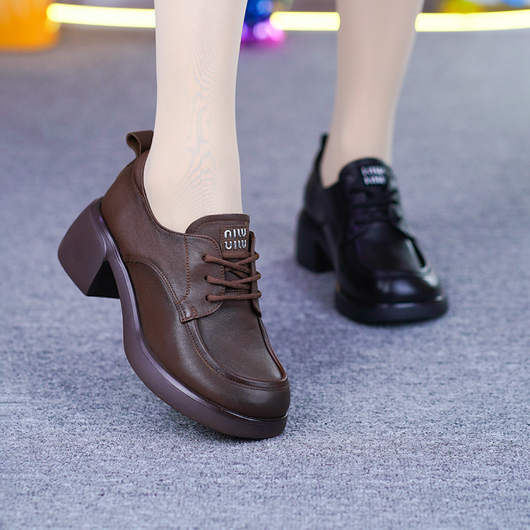 真皮粗跟单鞋女秋季新款头层牛皮一体跟圆头系带软底软面深口单鞋,淘宝优惠券,粉丝福利购,淘宝优惠卷