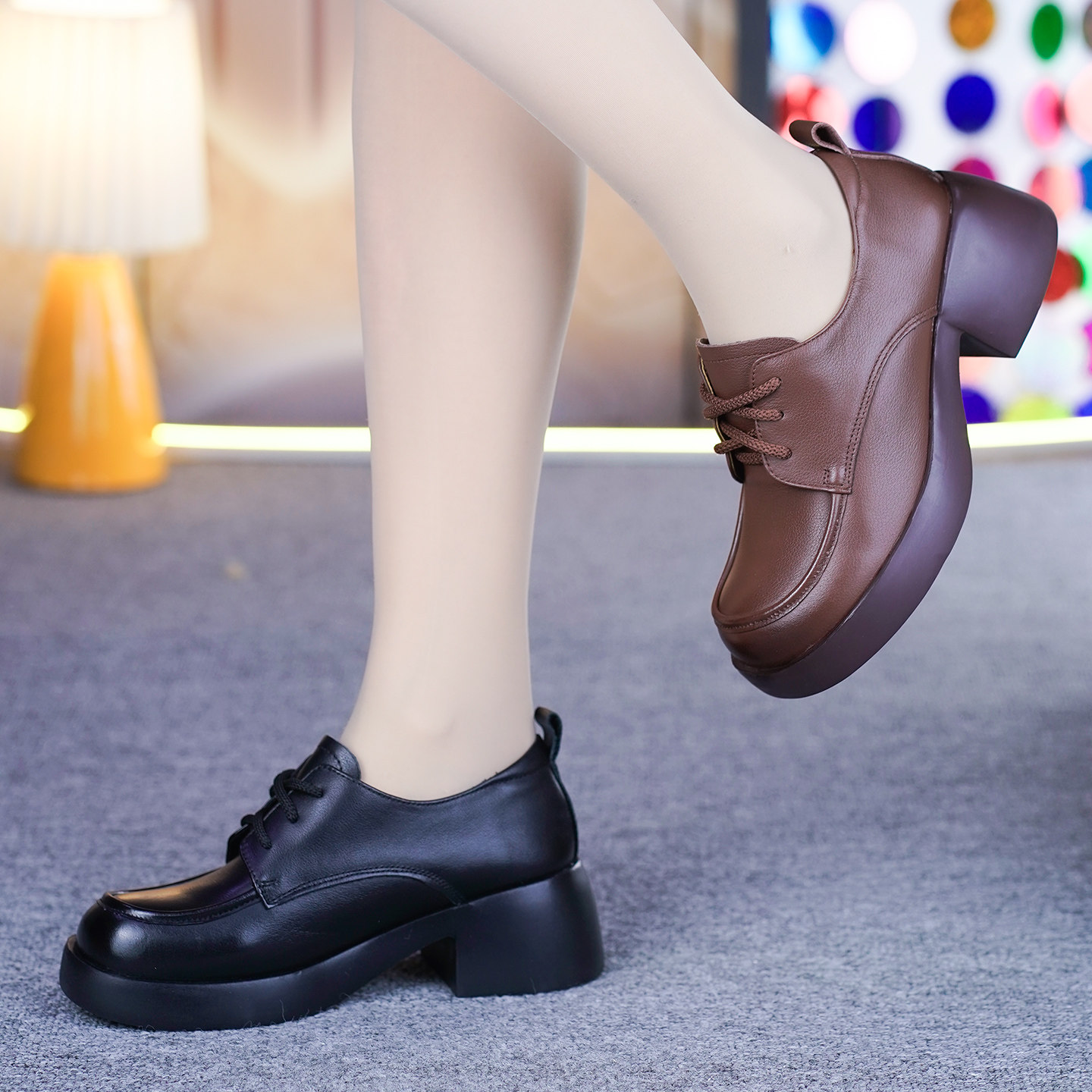 真皮粗跟单鞋女春季新款头层牛皮一体跟圆头系带软底软面深口单鞋,淘宝优惠券,粉丝福利购,淘宝优惠卷