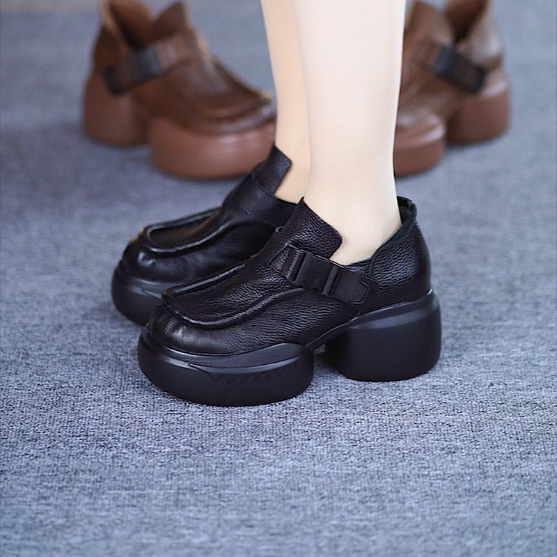 真皮松糕厚底单鞋春季新款纯牛皮一体跟小个子增高圆头深口小皮鞋,淘宝优惠券,粉丝福利购,淘宝优惠卷