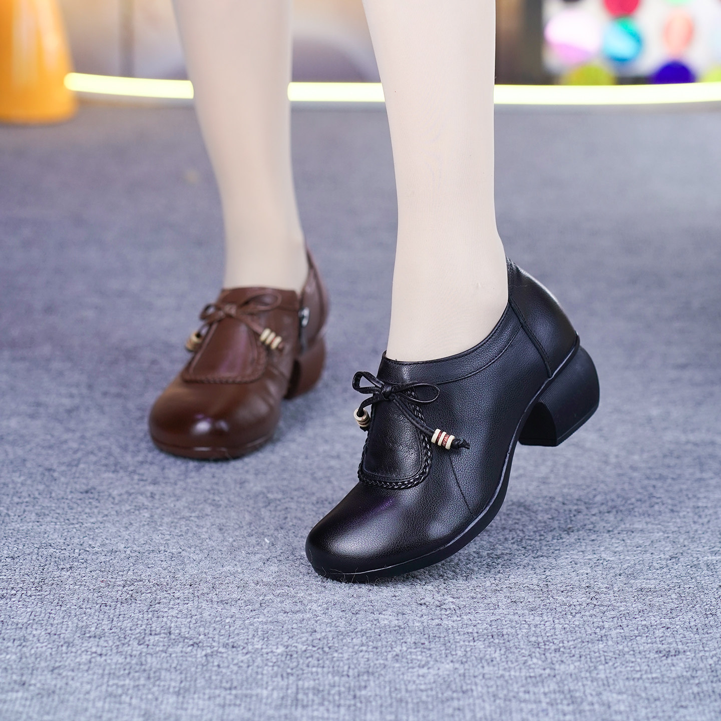 真皮单鞋女春季新款纯牛皮圆头粗跟软底软面中跟小皮鞋深口单鞋,淘宝优惠券,粉丝福利购,淘宝优惠卷