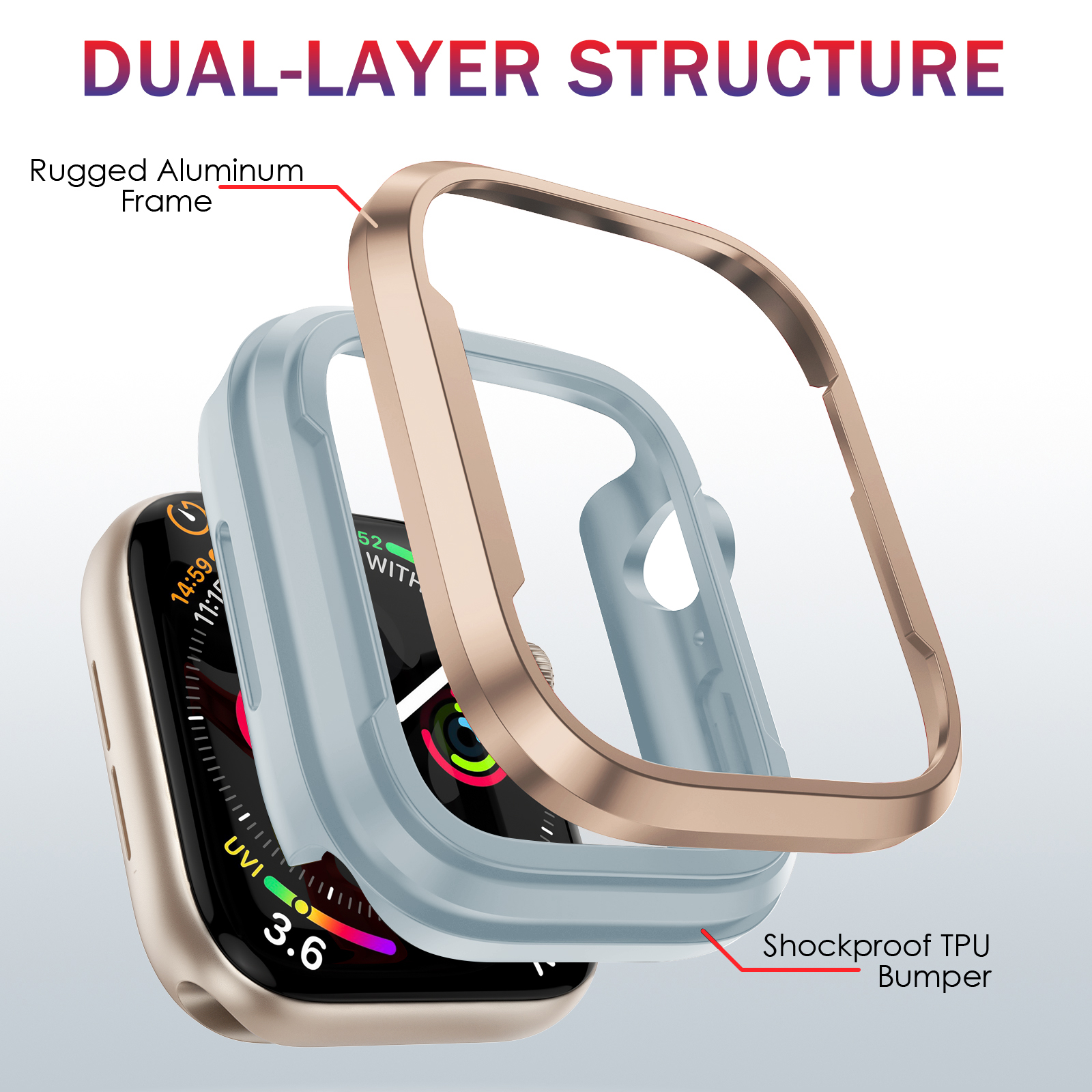 适用苹果apple watch8/7 41/45mm手表壳 iwatch8 ultra49mmTPU+铝合金表壳硅胶外壳45/40/42/44mm半包壳双色-图1