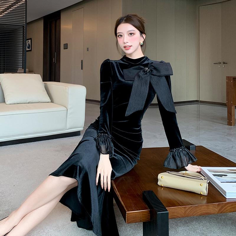 高端精致气质名媛蝴蝶结重工钉钻喇叭袖鱼尾小黑裙连衣裙,淘宝优惠券,粉丝福利购,淘宝优惠卷