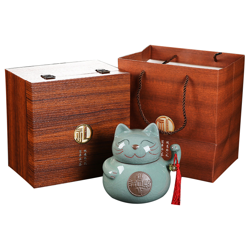 茗客招财猫茶叶罐大号紫砂密封茶罐哥窑摆件存储罐礼盒包装精致,淘宝优惠券,粉丝福利购,淘宝优惠卷