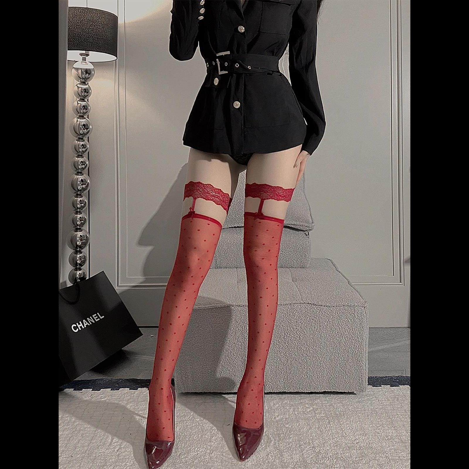 夜丝「深情」新年红色丝袜超薄哑光蝴蝶结圆点吊带长筒丝袜女过膝,淘宝优惠券,粉丝福利购,淘宝优惠卷