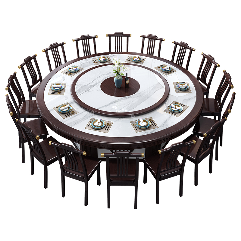。酒店电动餐桌大圆桌带转盘新中式实木椅16人20人饭店酒店包厢圆 - 图3