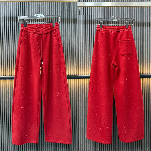 冬季新款加绒细闪阔腿裤直筒裤红色女裤宽松显瘦百搭休闲裤拖地裤 - 图1
