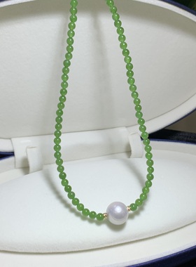 天然碧玉项链女款玉石锁骨链送女友礼物4mm配天然珍珠