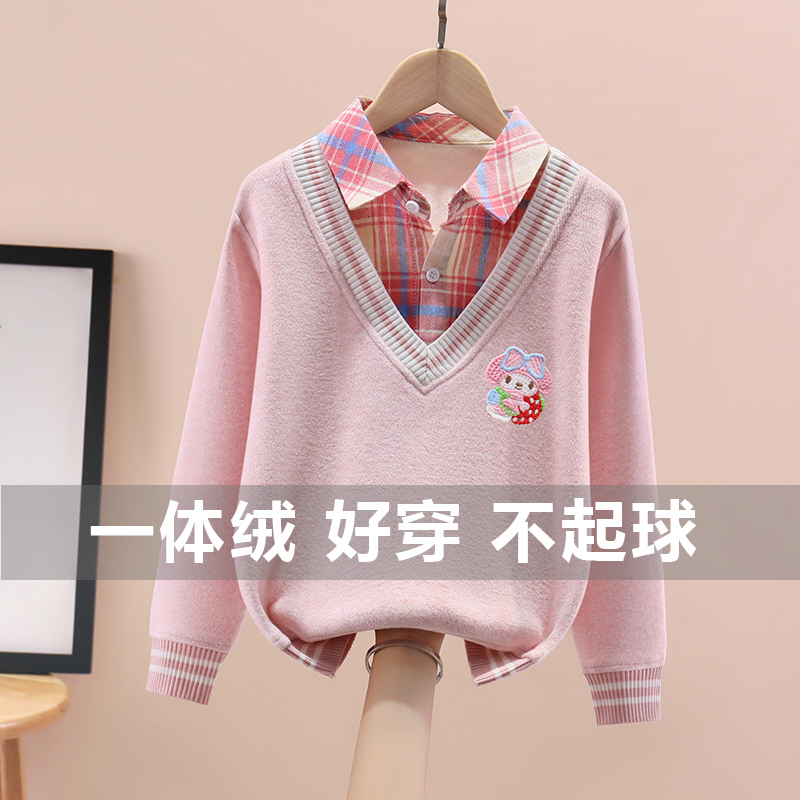 女童毛衣一体绒假两件春秋冬装套头中大童女孩加绒针织条纹打底衫 - 图0