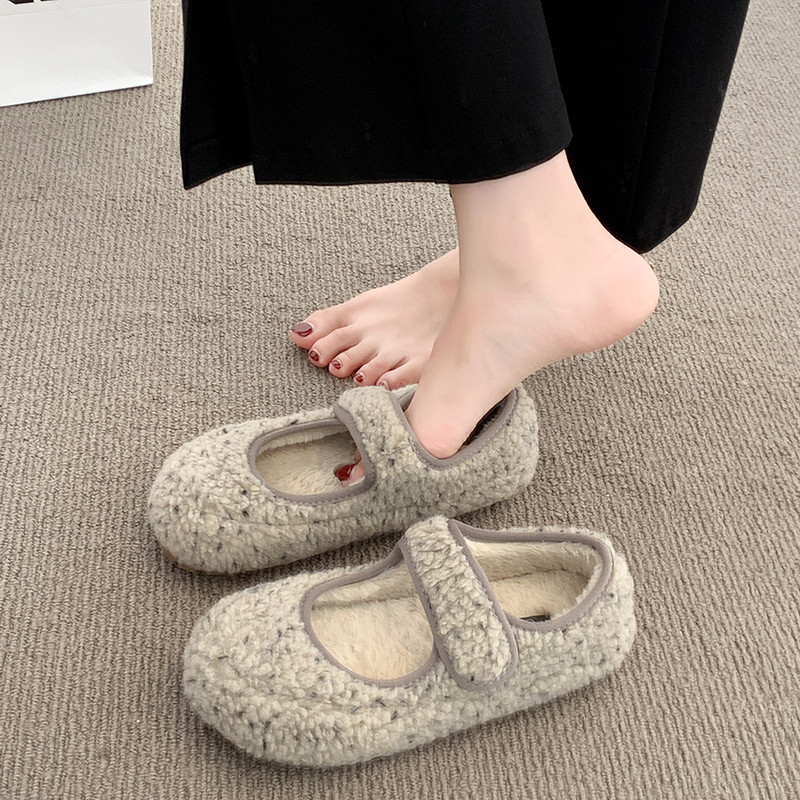 毛绒一字魔术贴玛丽珍鞋女2025冬季新款平底浅口毛毛豆豆单鞋棉鞋,淘宝优惠券,粉丝福利购,淘宝优惠卷