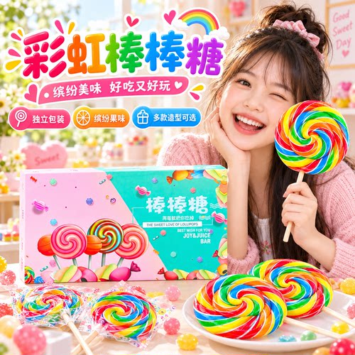 金稻谷彩虹棒棒糖儿童糖果大波板糖礼盒装波棒糖学生零食生日礼物 - 图0