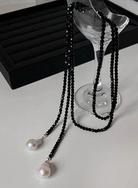 黑水晶系绳巴洛克珍珠长项链叠戴