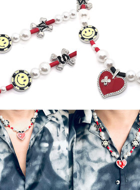 王嘉尔同款红色爱心珍珠笑脸项链