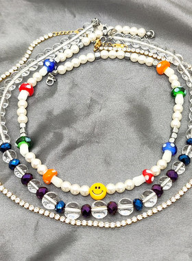 朴宰范笑脸蘑菇透明珍珠锆石项链